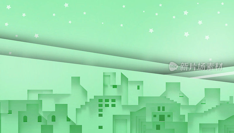 城市景观纸艺术折纸未来的夜晚城市与明亮的星星和发光的霓虹灯和绿色灯光在绿色的背景。最小和复古风格的插图- 3d渲染